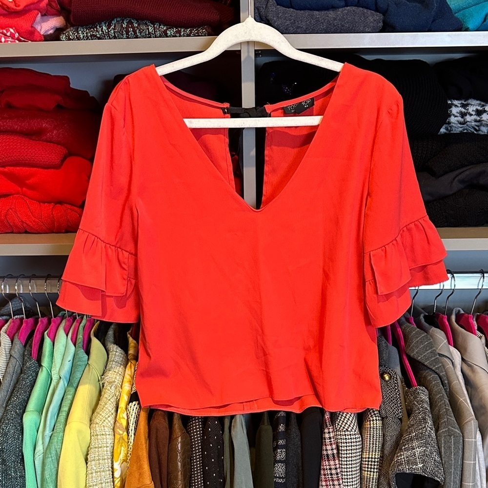 Topshop red 3/4 flutter sleeve back black ribbon closure v neck blouse size 2